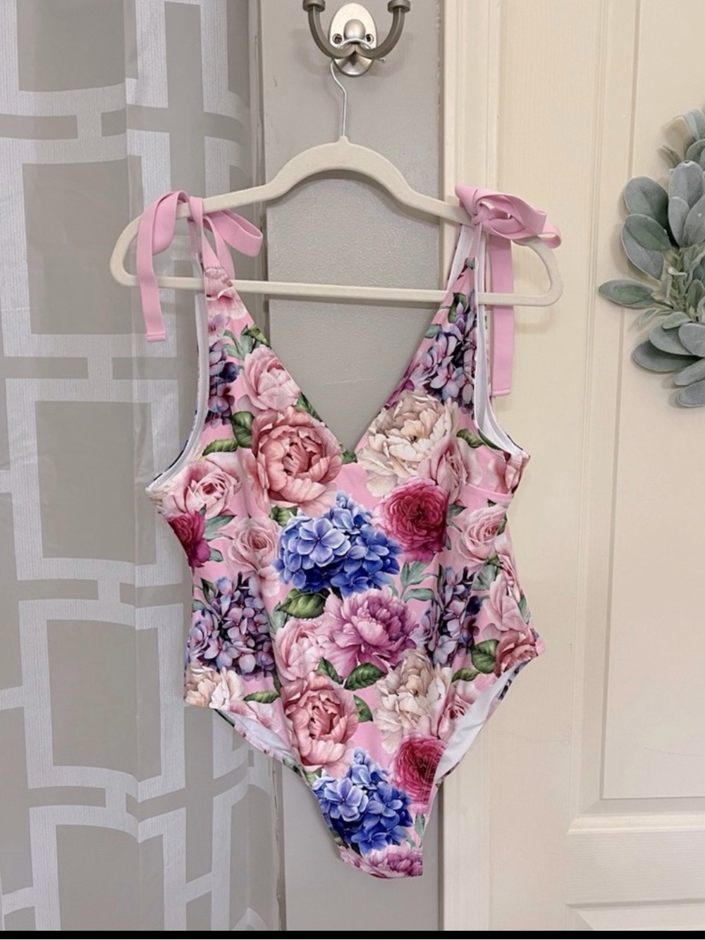 Women’s - Posh Peanut One Piece ; Floral Pink and Blue; velvet shoulder ties 2x
